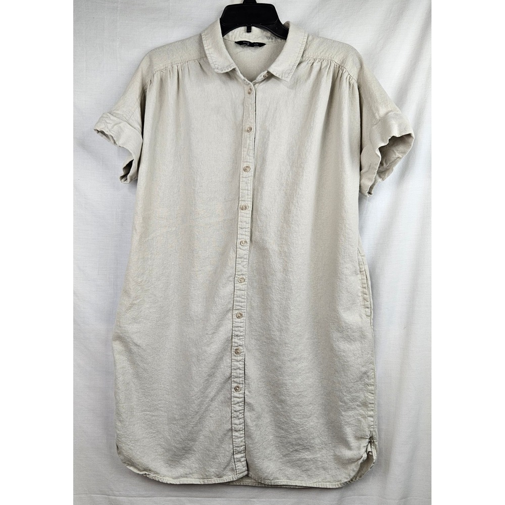 Well Worn Linen Blend Shirt Dress Beige Short Sleeve Button Up Pockets Large